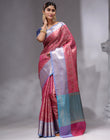 HOUSE OF BEGUM Women's Rani Pink Linen Woven Zari Work Saree with Unstitched Printed Blouse