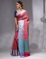 HOUSE OF BEGUM Women's Rani Pink Linen Woven Zari Work Saree with Unstitched Printed Blouse-3
