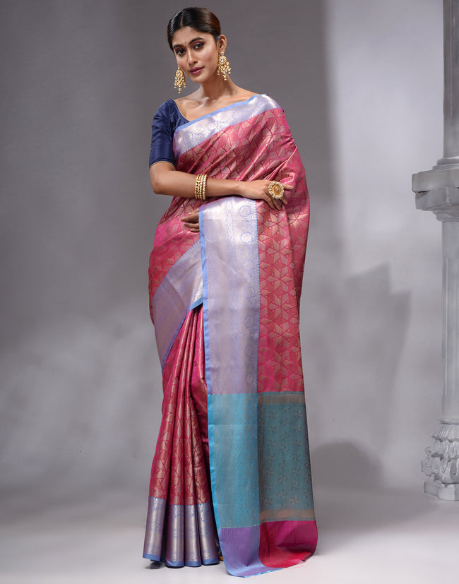 HOUSE OF BEGUM Women's Rani Pink Linen Woven Zari Work Saree with Unstitched Printed Blouse