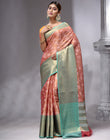 HOUSE OF BEGUM Women's Peach Linen Woven Zari Work Saree with Unstitched Printed Blouse