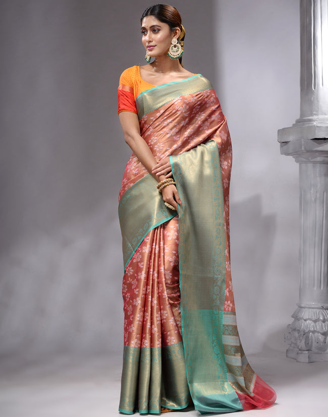 HOUSE OF BEGUM Women's Peach Linen Woven Zari Work Saree with Unstitched Printed Blouse