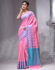 HOUSE OF BEGUM Women's Pink Linen Woven Zari Work Saree with Unstitched Printed Blouse