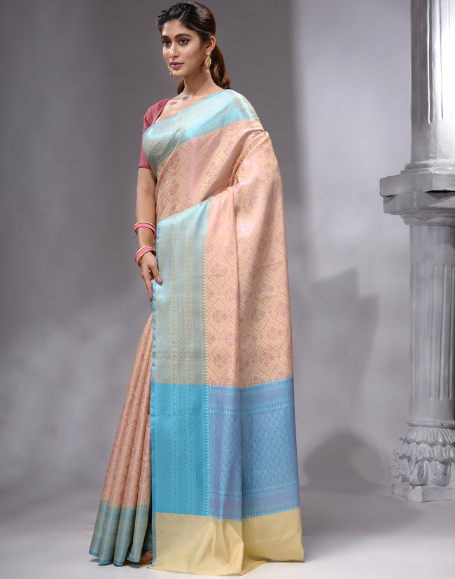 HOUSE OF BEGUM Women's Tussar Linen Woven Zari Work Saree with Unstitched Printed Blouse