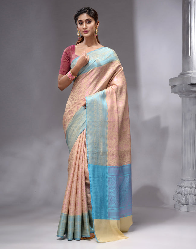 HOUSE OF BEGUM Women's Tussar Linen Woven Zari Work Saree with Unstitched Printed Blouse