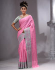 HOUSE OF BEGUM Women's Pink Linen Woven Zari Work Saree with Unstitched Printed Blouse