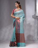 HOUSE OF BEGUM Women's Sea Green Linen Woven Zari Work Saree with Unstitched Printed Blouse-3