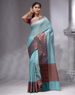 HOUSE OF BEGUM Women's Sea Green Linen Woven Zari Work Saree with Unstitched Printed Blouse-4