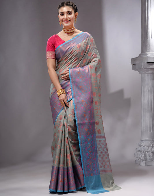 HOUSE OF BEGUM Women's Grey Linen Woven Zari Work Saree with Unstitched Printed Blouse