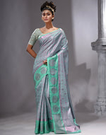 HOUSE OF BEGUM Women's Sea Green Linen Woven Zari Work Saree with Unstitched Printed Blouse