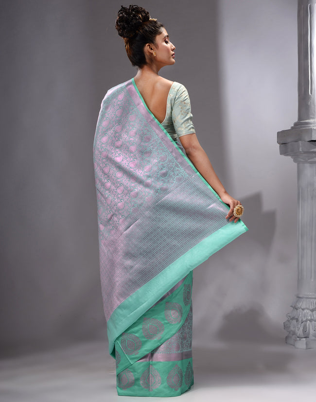 HOUSE OF BEGUM Women's Sea Green Linen Woven Zari Work Saree with Unstitched Printed Blouse