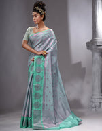 HOUSE OF BEGUM Women's Sea Green Linen Woven Zari Work Saree with Unstitched Printed Blouse-3