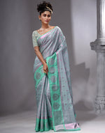 HOUSE OF BEGUM Women's Sea Green Linen Woven Zari Work Saree with Unstitched Printed Blouse-4