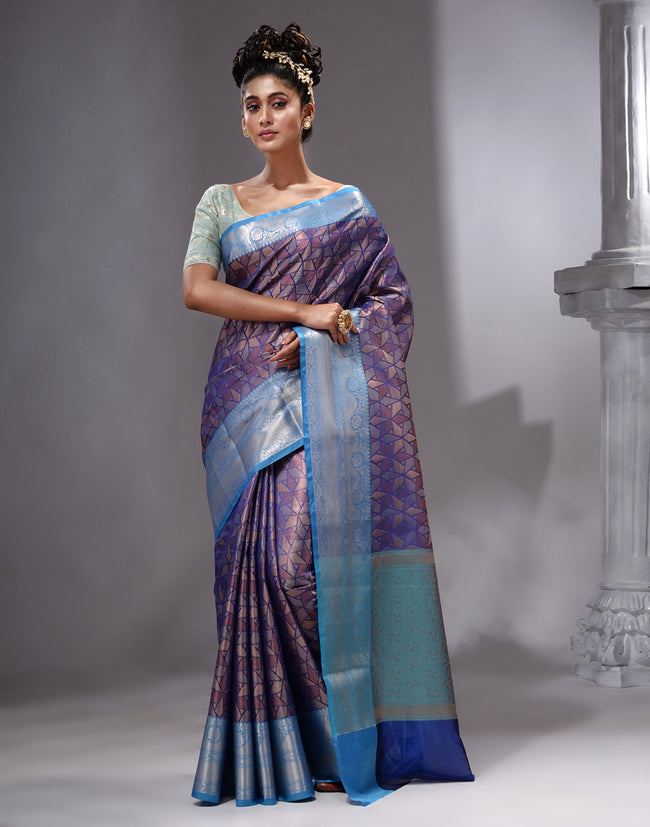 HOUSE OF BEGUM Women's Royal Blue Linen Woven Zari Work Saree with Unstitched Printed Blouse