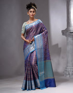 HOUSE OF BEGUM Women's Royal Blue Linen Woven Zari Work Saree with Unstitched Printed Blouse-4