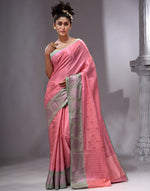 HOUSE OF BEGUM Women's Dark Pink Linen Woven Zari Work Saree with Unstitched Printed Blouse