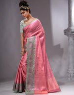 HOUSE OF BEGUM Women's Dark Pink Linen Woven Zari Work Saree with Unstitched Printed Blouse-3