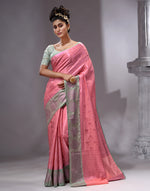 HOUSE OF BEGUM Women's Dark Pink Linen Woven Zari Work Saree with Unstitched Printed Blouse-4