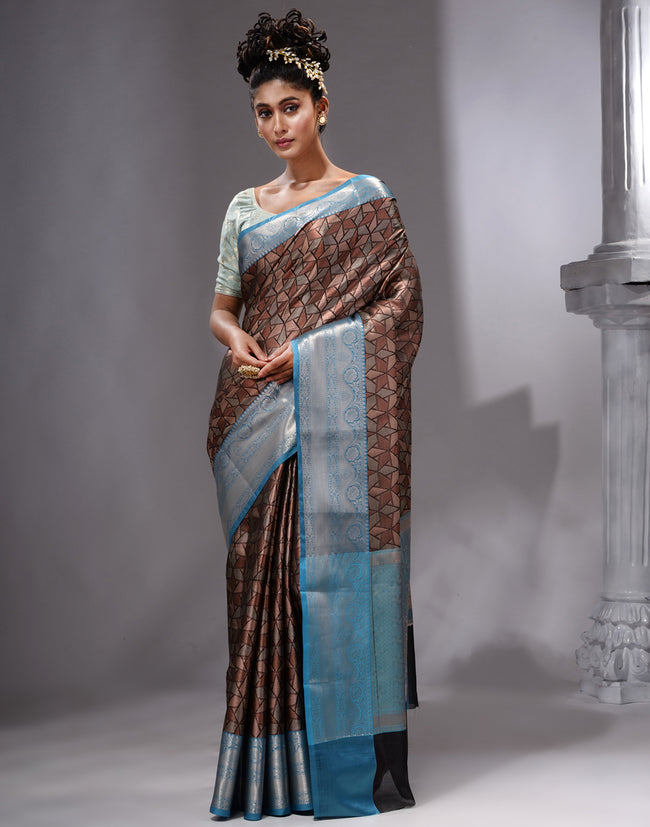 HOUSE OF BEGUM Women's Brown  Linen Woven Zari Work Saree with Unstitched Printed Blouse
