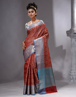 HOUSE OF BEGUM Women's Mehroon Linen Woven Zari Work Saree with Unstitched Printed Blouse