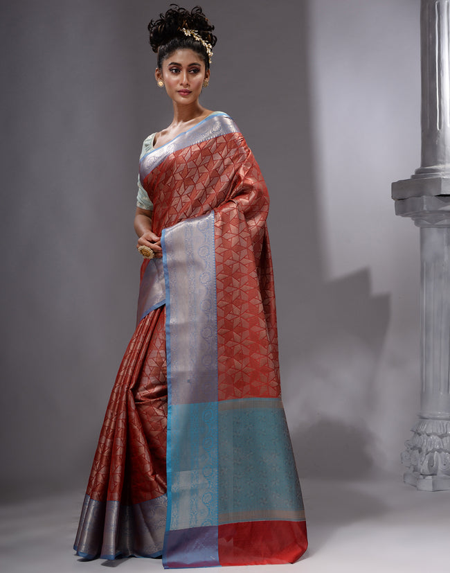 HOUSE OF BEGUM Women's Mehroon Linen Woven Zari Work Saree with Unstitched Printed Blouse