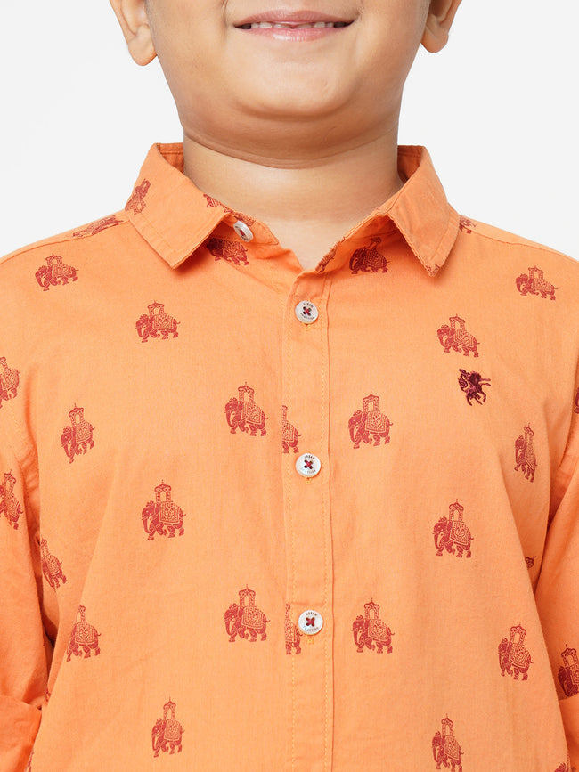 Urban Scottish Boys Animal Print Casual Orange Shirt
